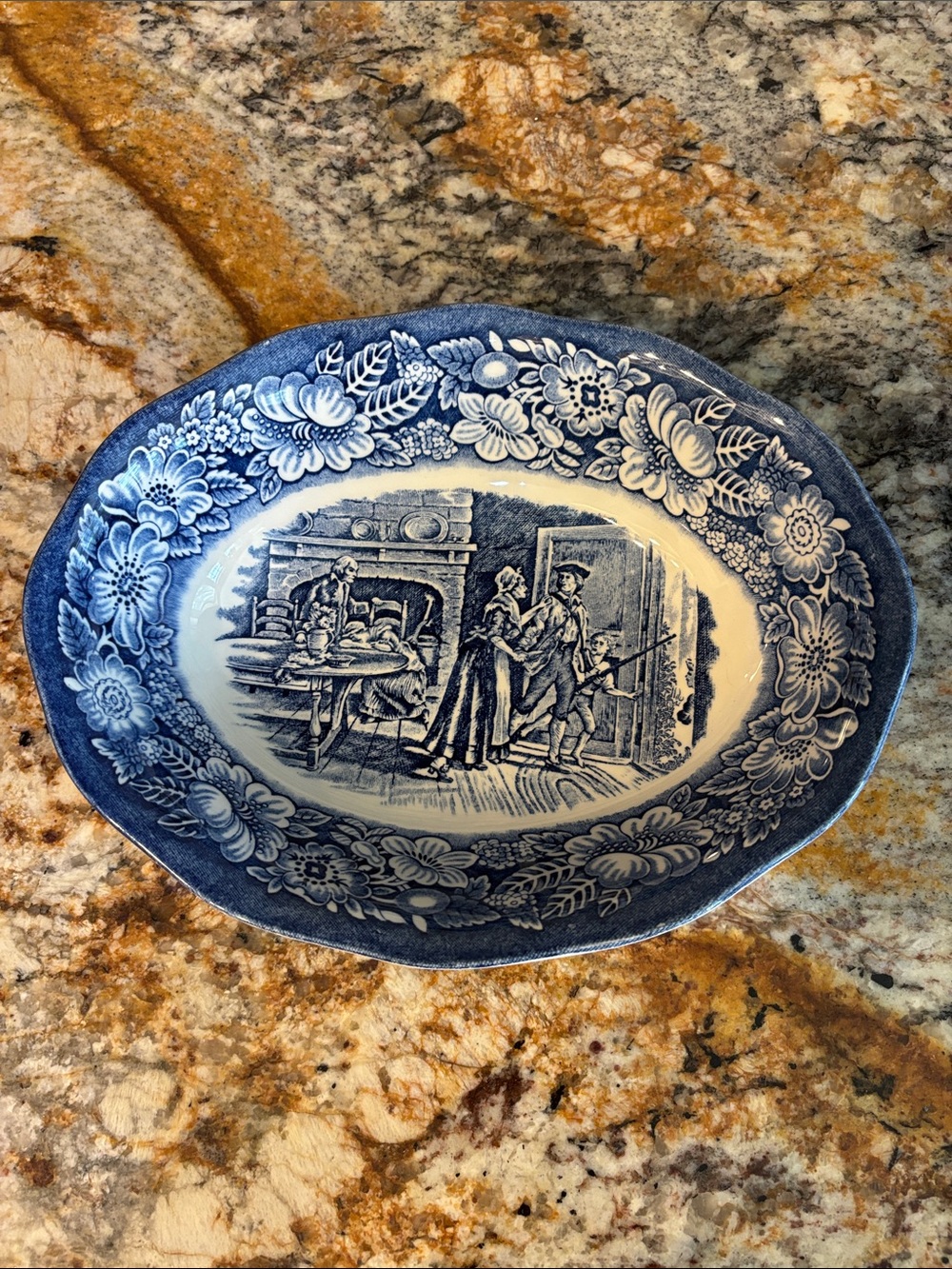 Vintage Staffordshire Liberty Blue "Minute Men" oval vegetable bowl